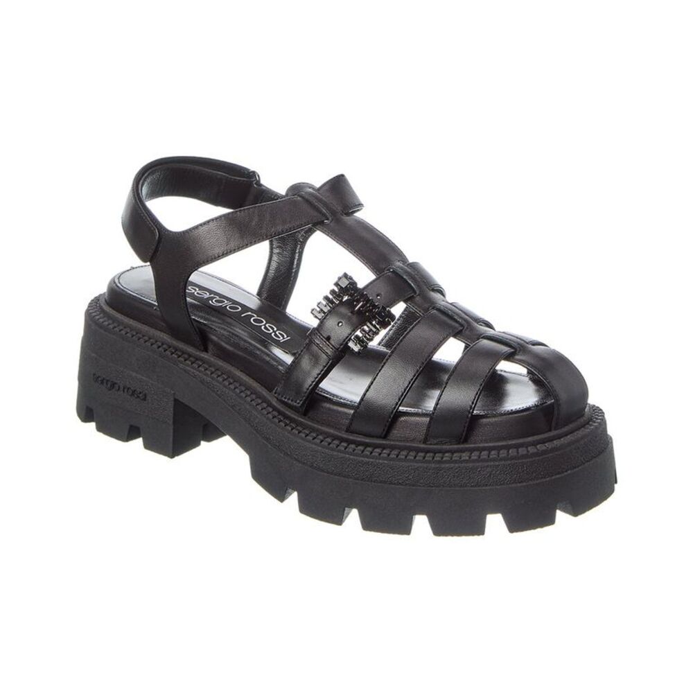 Sergio Rossi Twenty Buckle Leather Sandal, Black